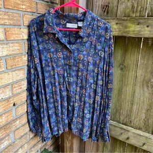 Vintage Liz Claiborne Geometric Print Blouse in Blue and Teal